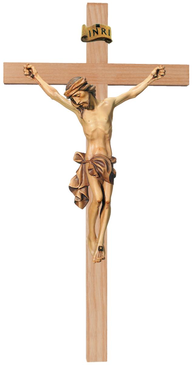 Corpo di Cristo su croce dritta scolpito in legno - 50.0 cm