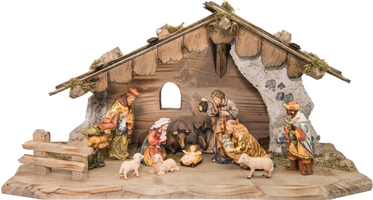 Presepe da 12 figure e Capanna in legno - 14.0 cm