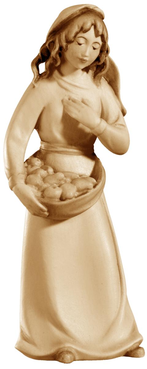 Statuina pastorella con frutta in legno - 10.0 cm