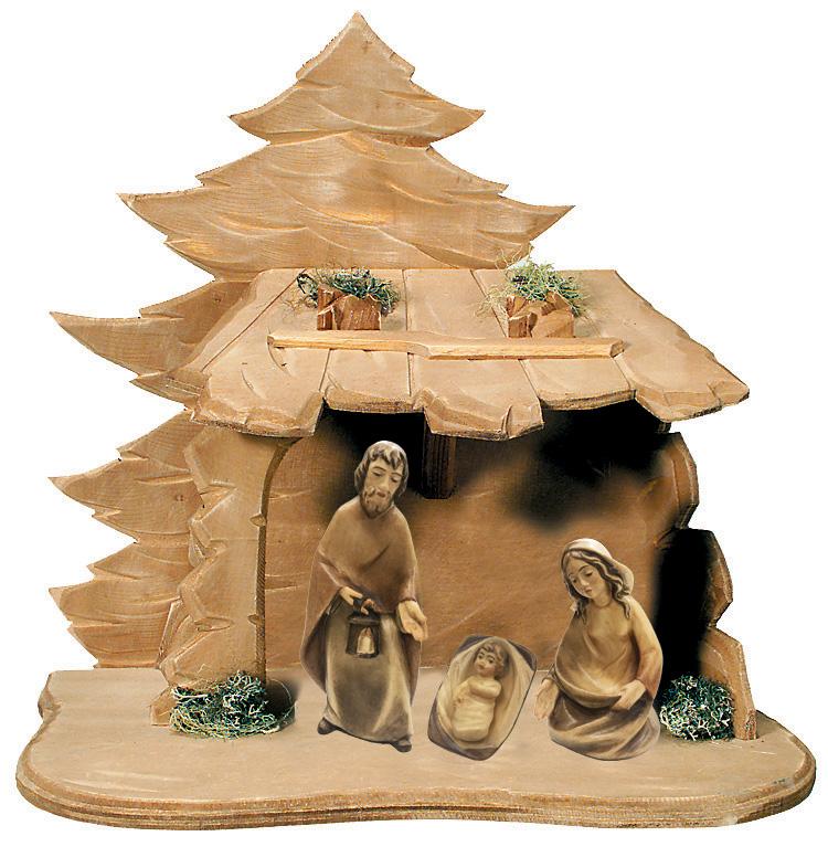 Sacra Famiglia per presepe in legno con Capanna - 14.0 cm