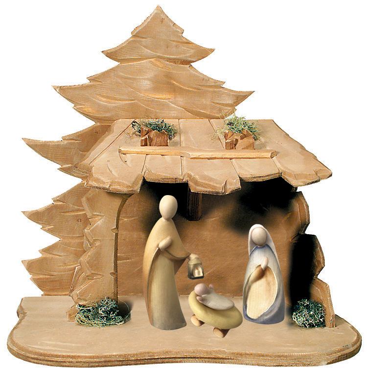 Sacra Famiglia natività in legno con capanna - 16.0 cm