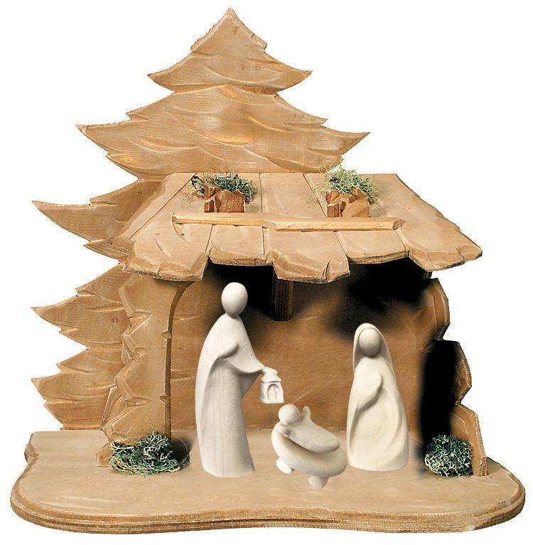 Sacra Famiglia natività in legno con capanna - 16.0 cm