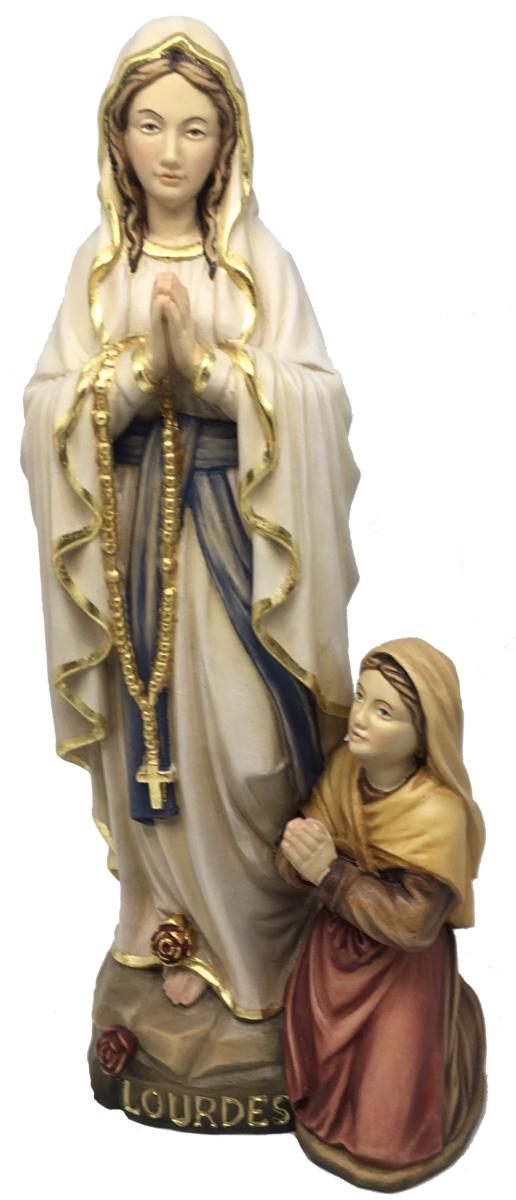 Madonna di Lourdes con Bernadette figura in legno - 36.0 cm