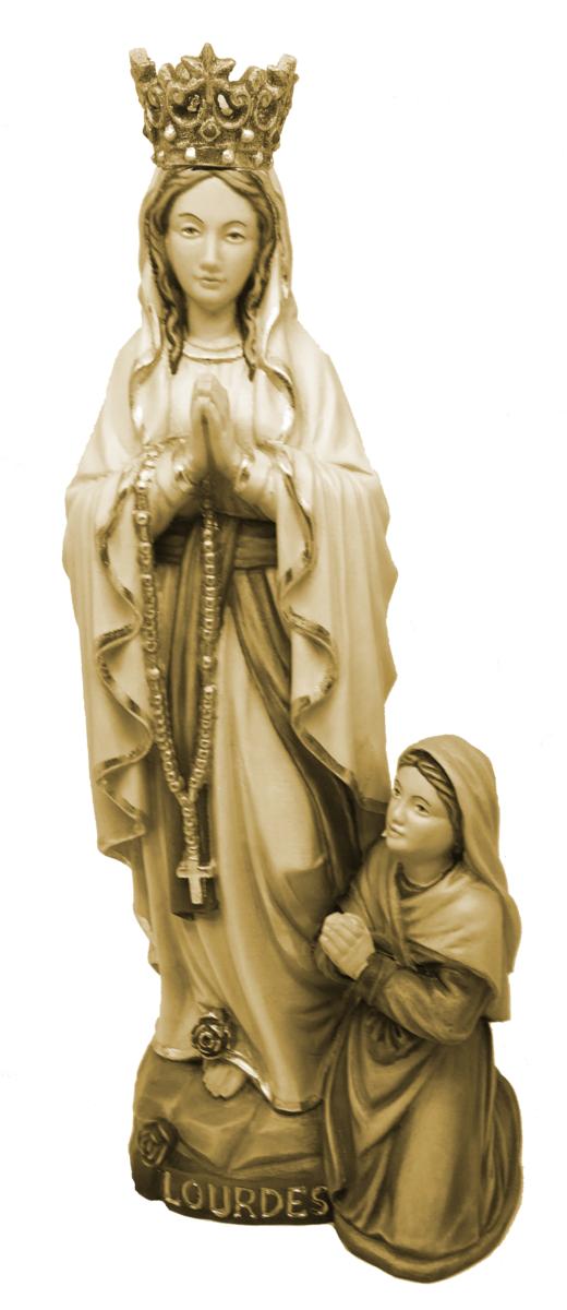 Madonna di Lourdes con corona e Bernadette di legno - 12.0 cm