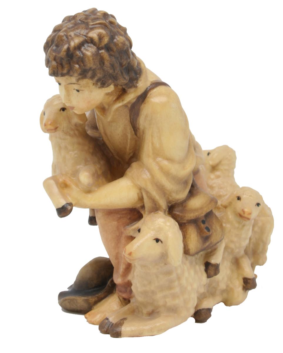 Pastorello in ginocchio con pecore e agnello in braccio - 8.0 cm