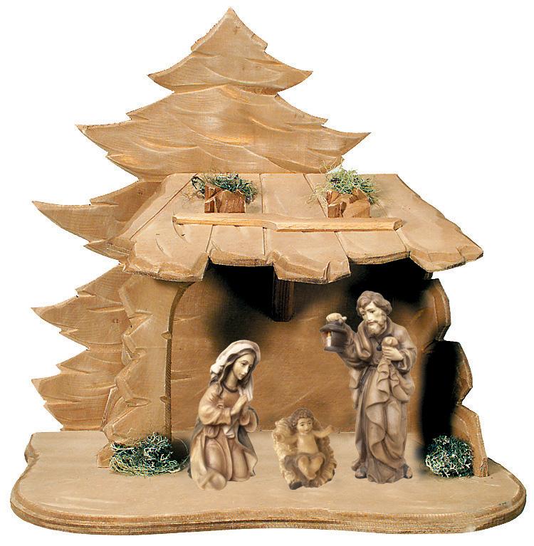 Natività Sacra Famiglia con capanna in legno - 6.0 cm