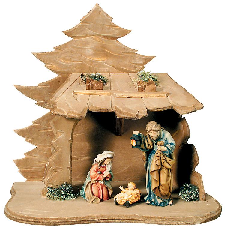 Natività Sacra Famiglia con capanna in legno - 14.0 cm