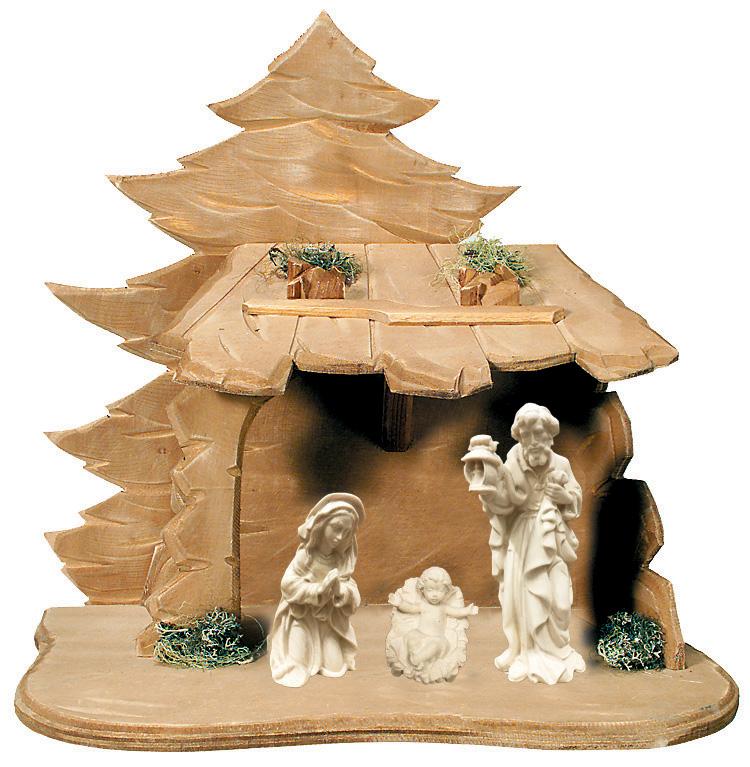 Natività Sacra Famiglia con capanna in legno - 18.0 cm