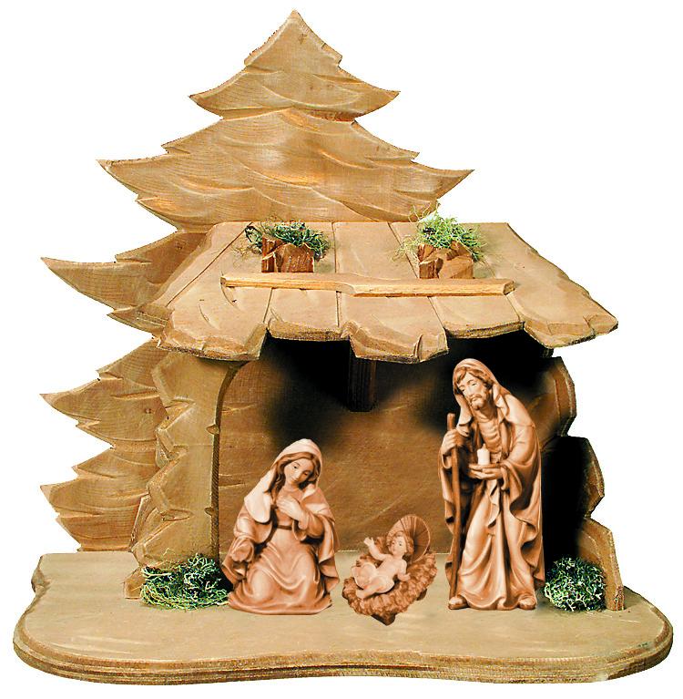 Presepe con Sacra Famiglia e capanna in legno - 8.0 cm