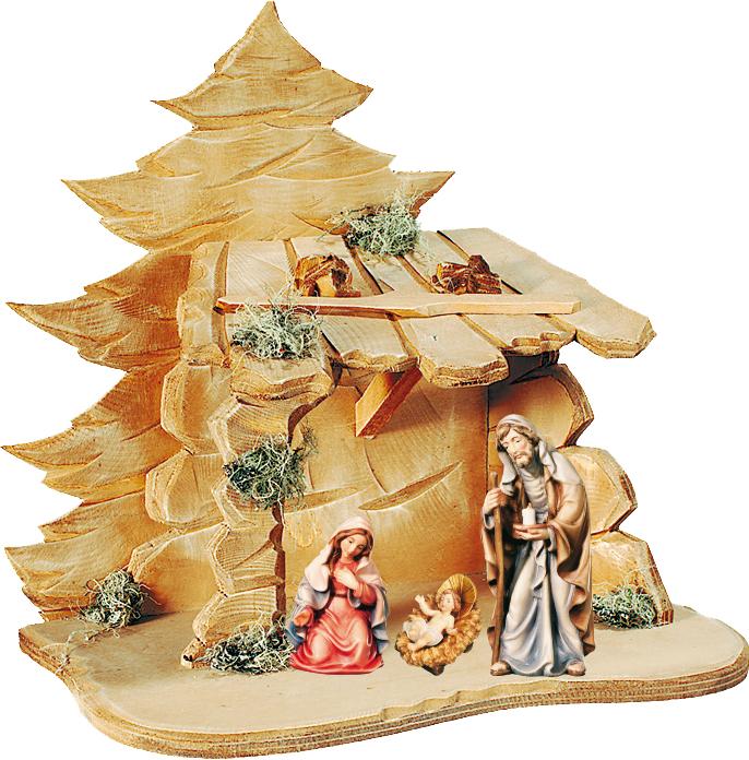 Presepe con Sacra Famiglia e capanna in legno - 18.0 cm