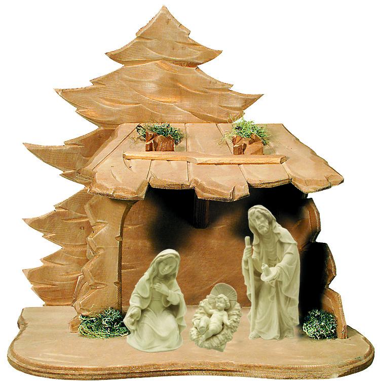 Presepe con Sacra Famiglia e capanna in legno - 6.0 cm