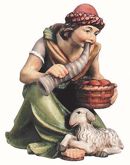 Pastore seduto che suona il corno con pecora - 10.0 cm