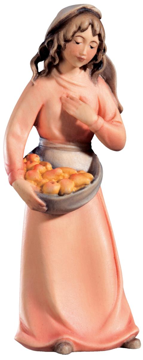 Statuina pastorella con frutta in legno - 8.0 cm