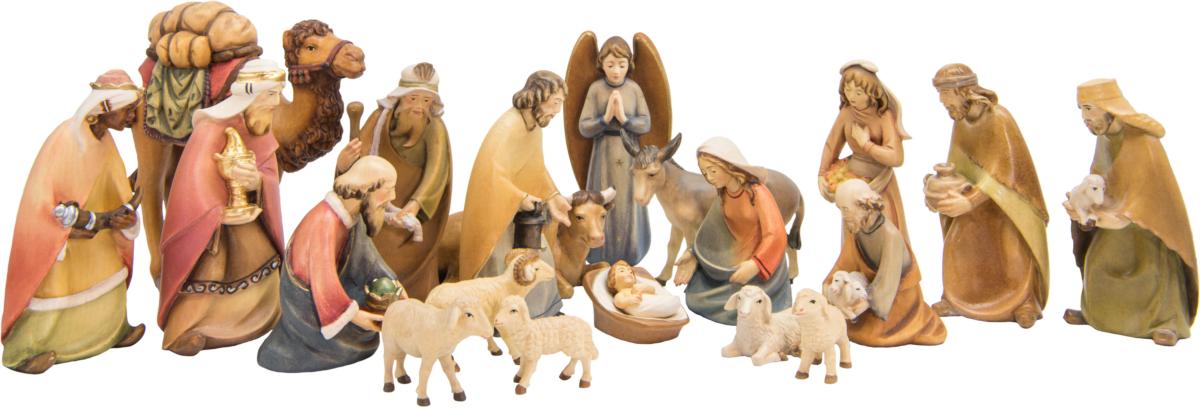 Presepe completo senza capanna con 20 figure in legno - 16.0 cm