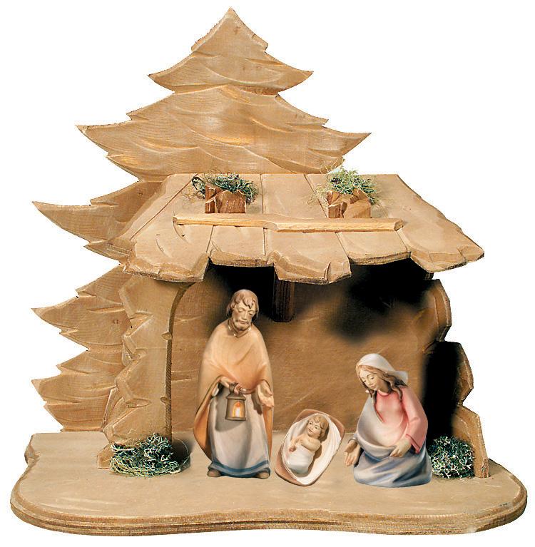 Sacra Famiglia per presepe in legno con Capanna - 16.0 cm
