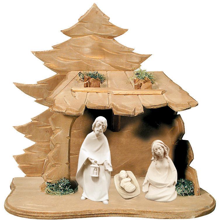 Sacra Famiglia per presepe in legno con Capanna - 8.0 cm