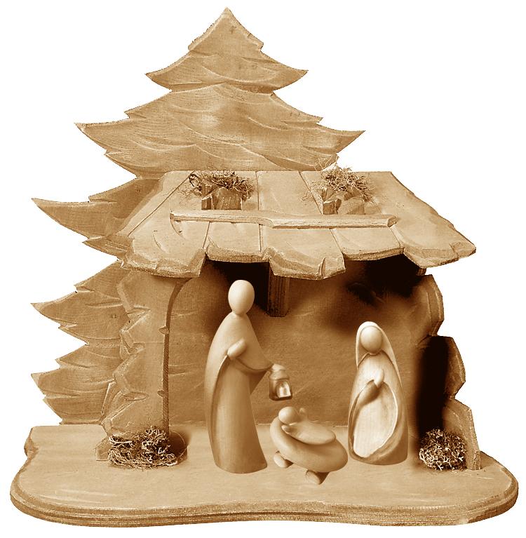 Sacra Famiglia natività in legno con capanna - 8.0 cm