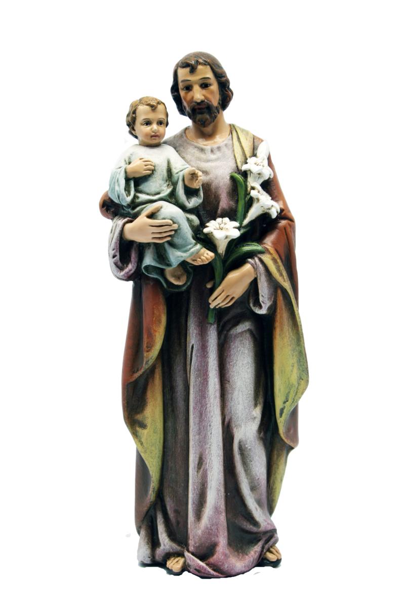San Giuseppe con bambino e giglio in pasta di legno - 15.0 cm