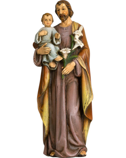 San Giuseppe con bambino e giglio in pasta di legno - 15.0 cm