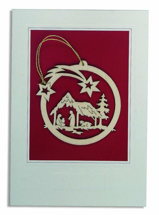 Biglietto di auguri natalizio con presepe in legno